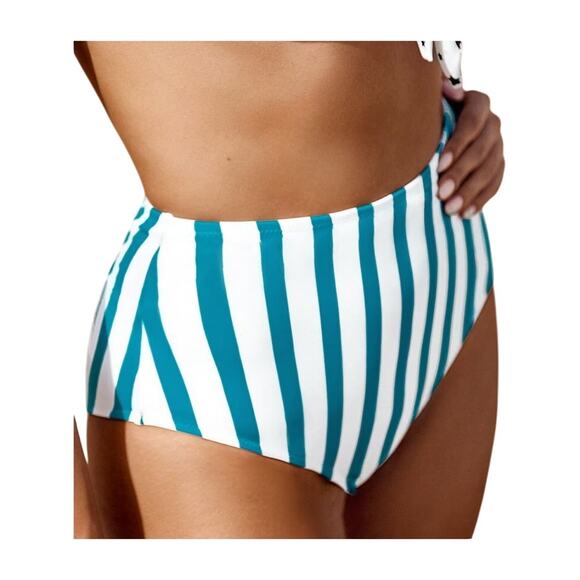 Cupshe Blue and White Stripe High-Waisted Bikini Bottom Medium Swimwear New - Picture 3 of 5